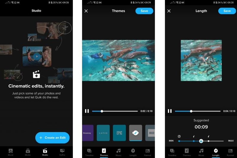 Man sieht die Bildbearbeitungsfunktionen in der GoPro Quick App.